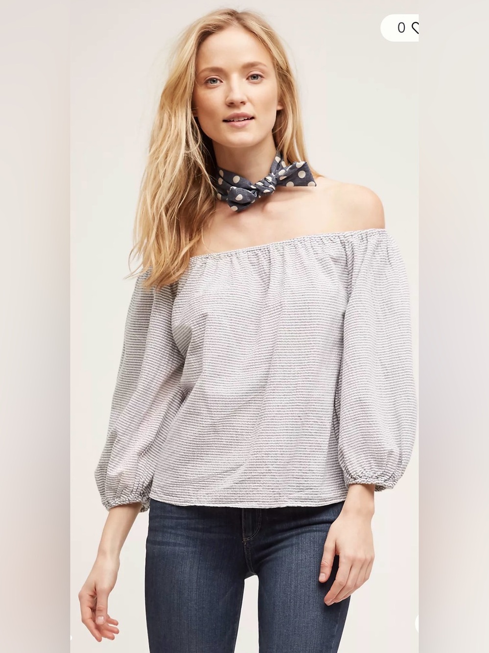 Maeve Striped Off-Shoulder Peasant Top in Light Gray